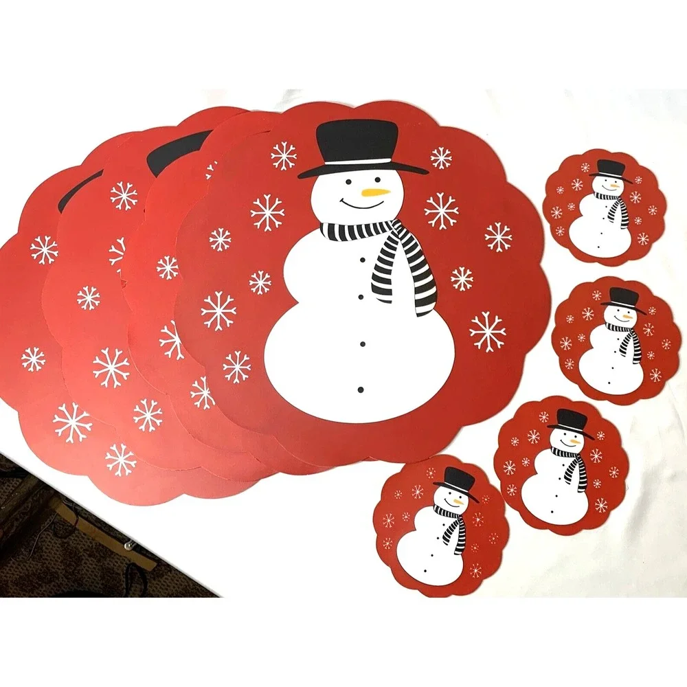 Snowman Placemats + Coasters X4 Vintage Vinyl Red‎ Black Round 15 inch - CUTE!
